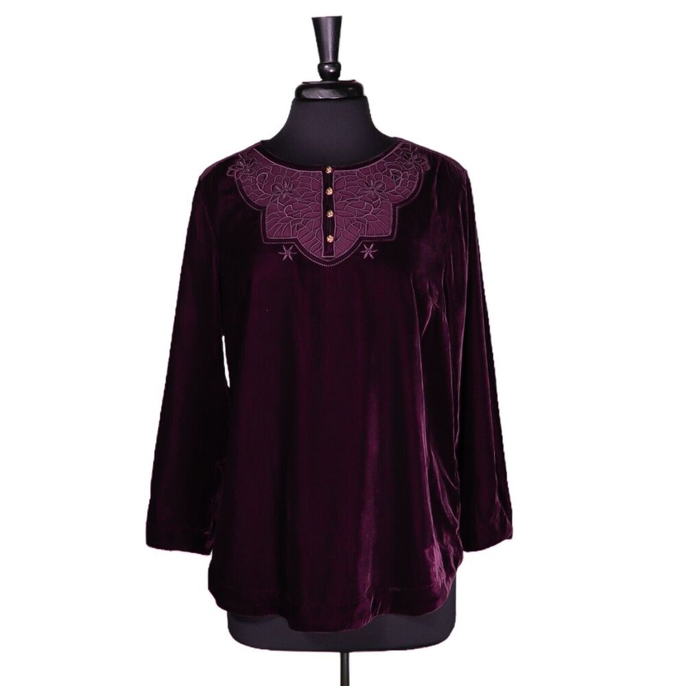 Soft Surroundings Women's Blouse Purple Velvet Embroidered Lace Crochet Top S
